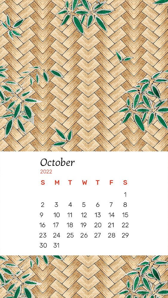 Bamboo 2022 October calendar template, mobile wallpaper psd. Remix from vintage artwork by Watanabe Seitei