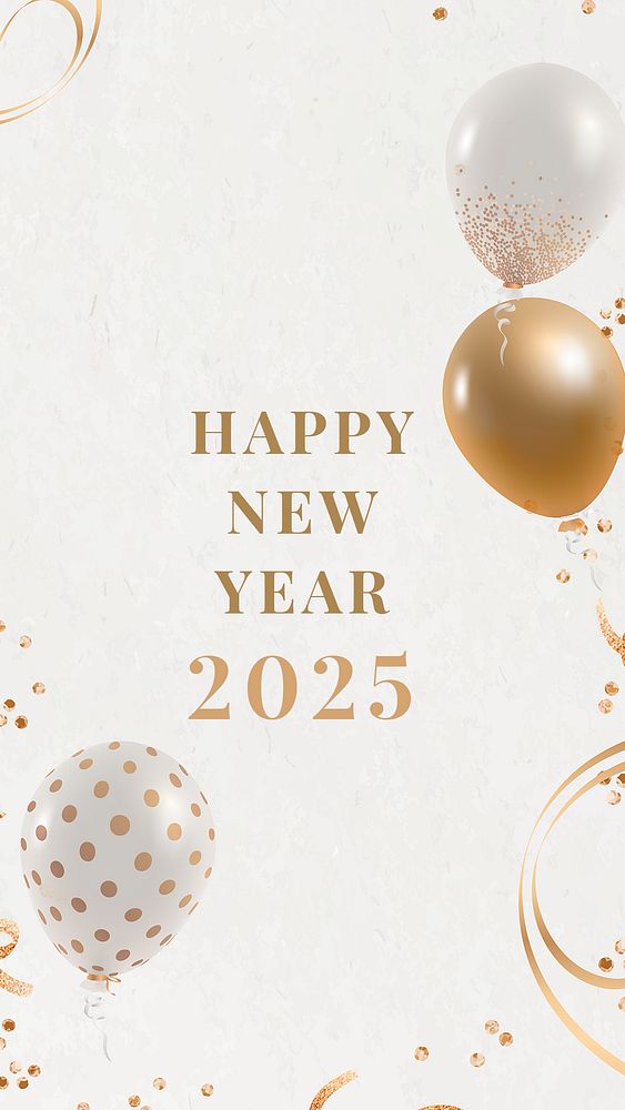 2025 gold & white balloon iPhone wallpaper, high resolution new year background with confetti psd