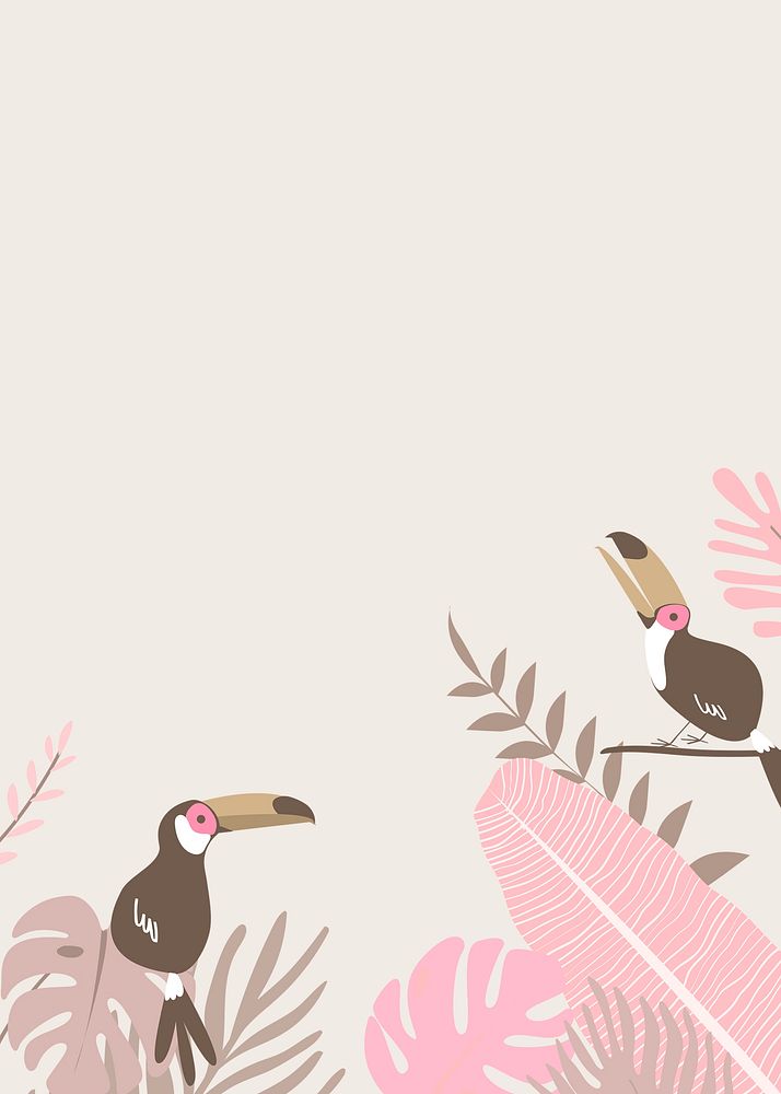 Pink botanical border frame, aesthetic tropical background psd with toucans