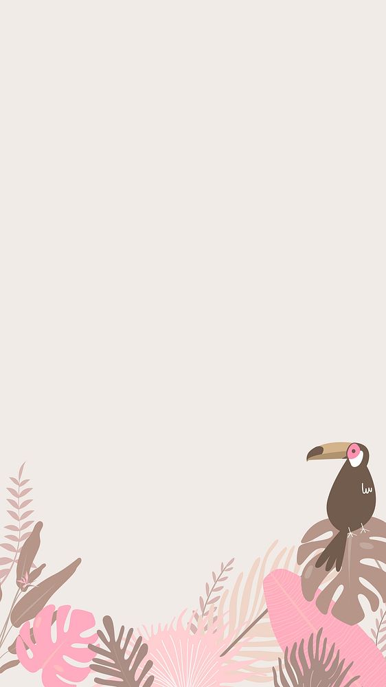 Pink toucan and leaves iPhone wallpaper, high resolution tropical botanical and bird border frame background 