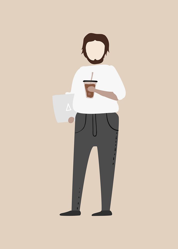 Freelancer drinking coffee clipart, holding laptop, character illustration vector