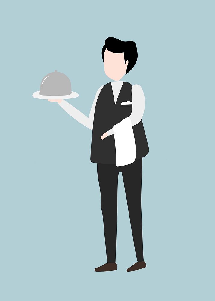 Waiter clipart, restaurant attendant job, character illustration