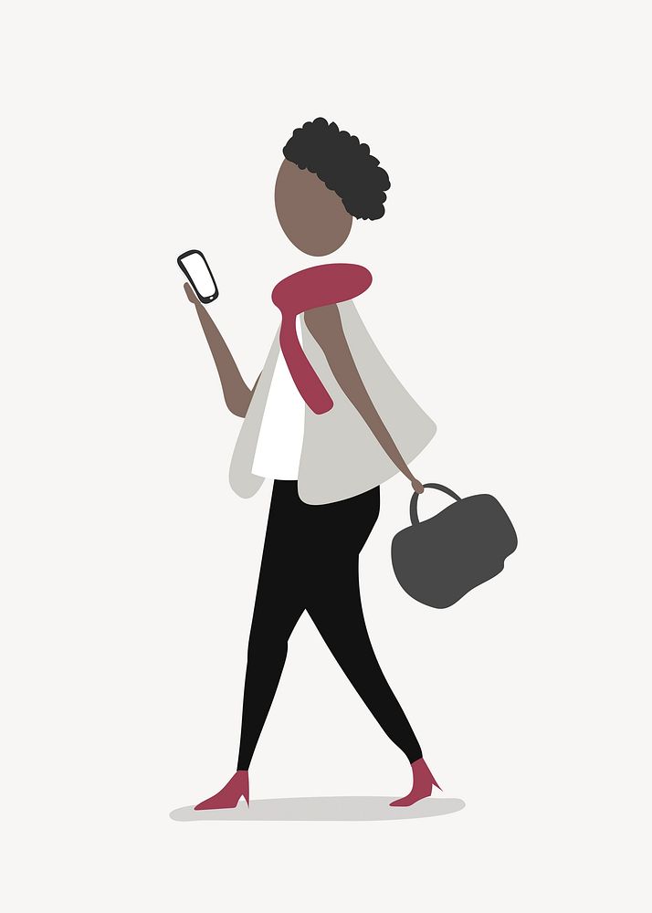Woman using phone clipart, walking, cartoon illustration vector