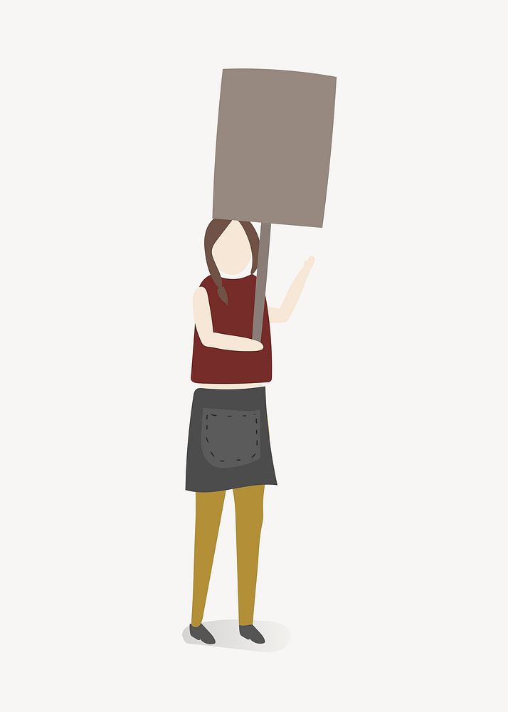Woman holding protest sign clipart, cartoon illustration vector