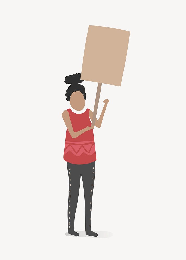 Woman holding protest sign clipart, cartoon illustration vector