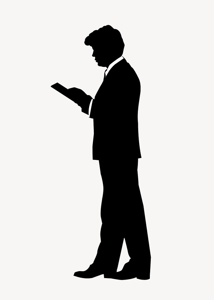 Businessman using tablet silhouette clipart, black design psd