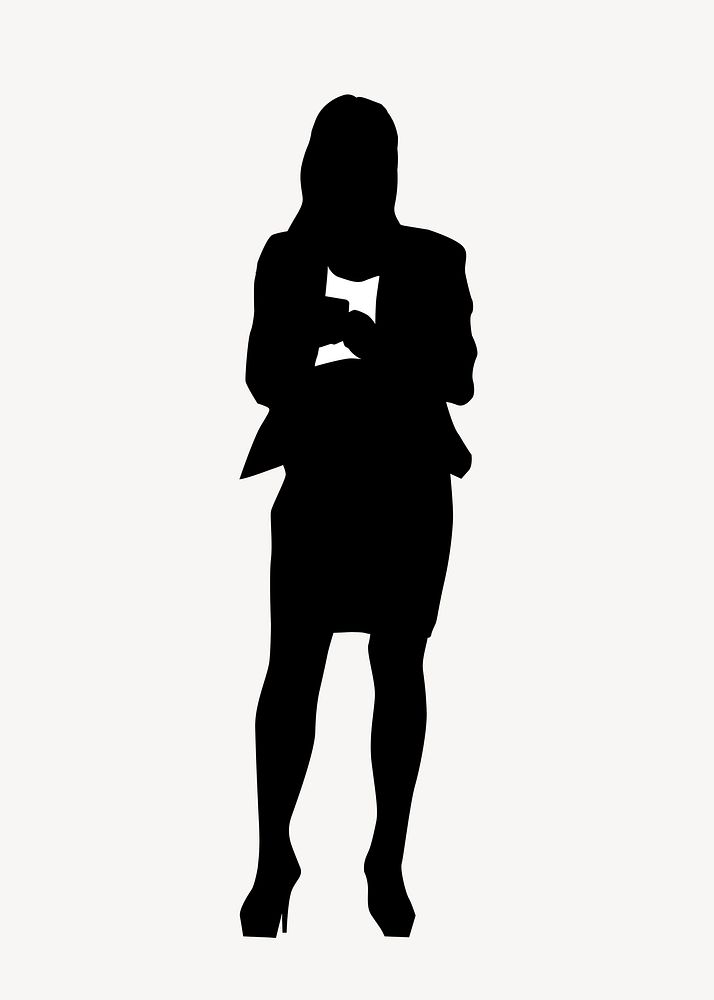 Businesswoman texting silhouette sticker, black design vector