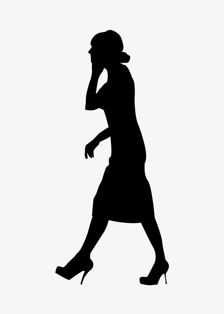 Businesswoman with phone silhouette sticker, walking gesture psd
