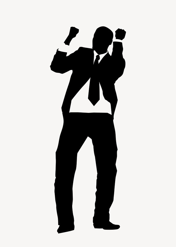 Happy businessman silhouette, raising fists, success concept vector