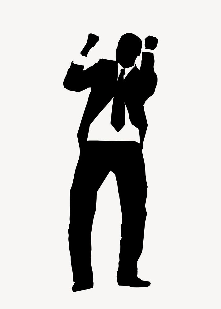 Happy businessman silhouette, raising fists, success concept psd