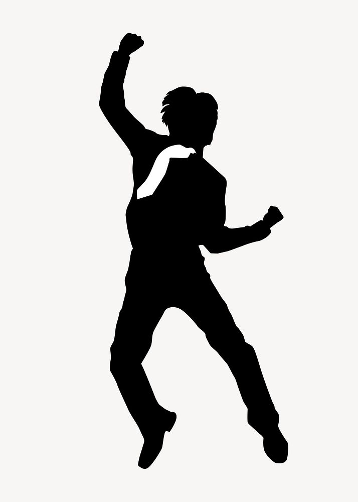 Excited businessman silhouette, jumping with arm raised psd