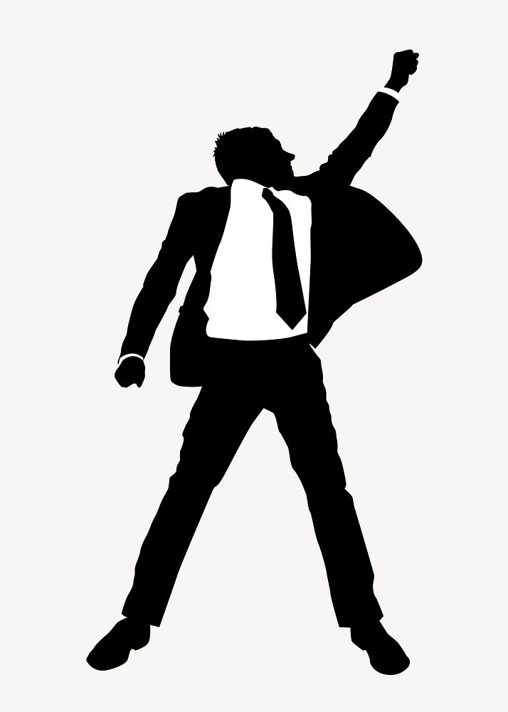 Excited businessman silhouette, arm raised psd