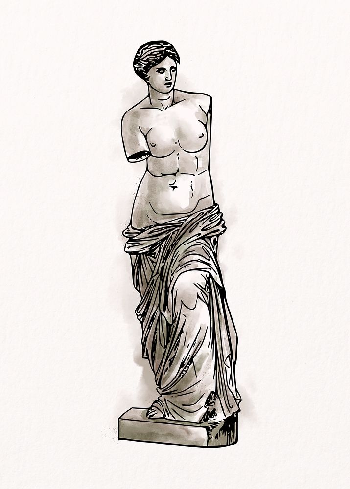Nude Greek goddess statue watercolor clipart, vintage illustration psd