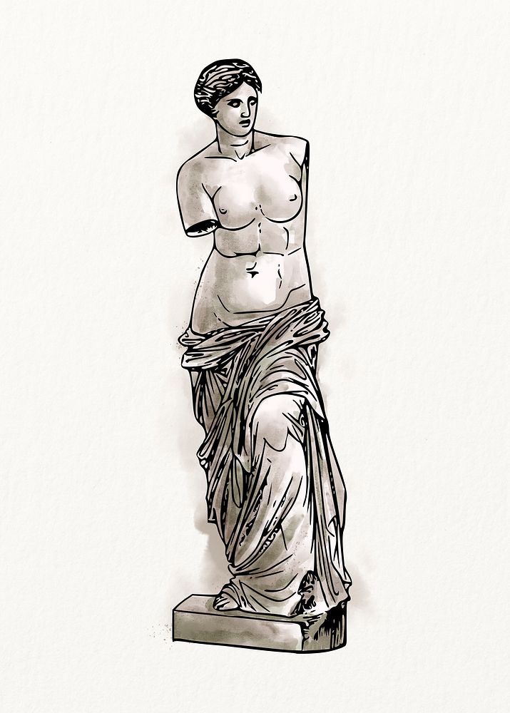 Nude Greek goddess statue watercolor, vintage illustration, vintage design