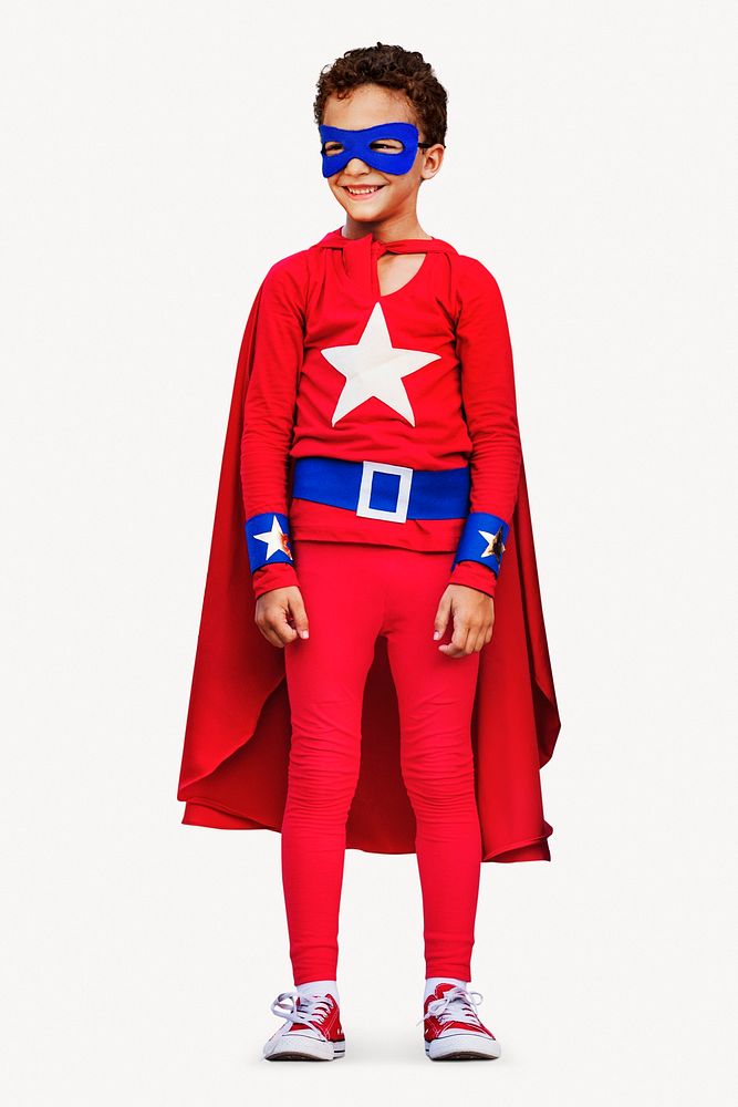 Superhero boy, red Halloween costumer full body photo