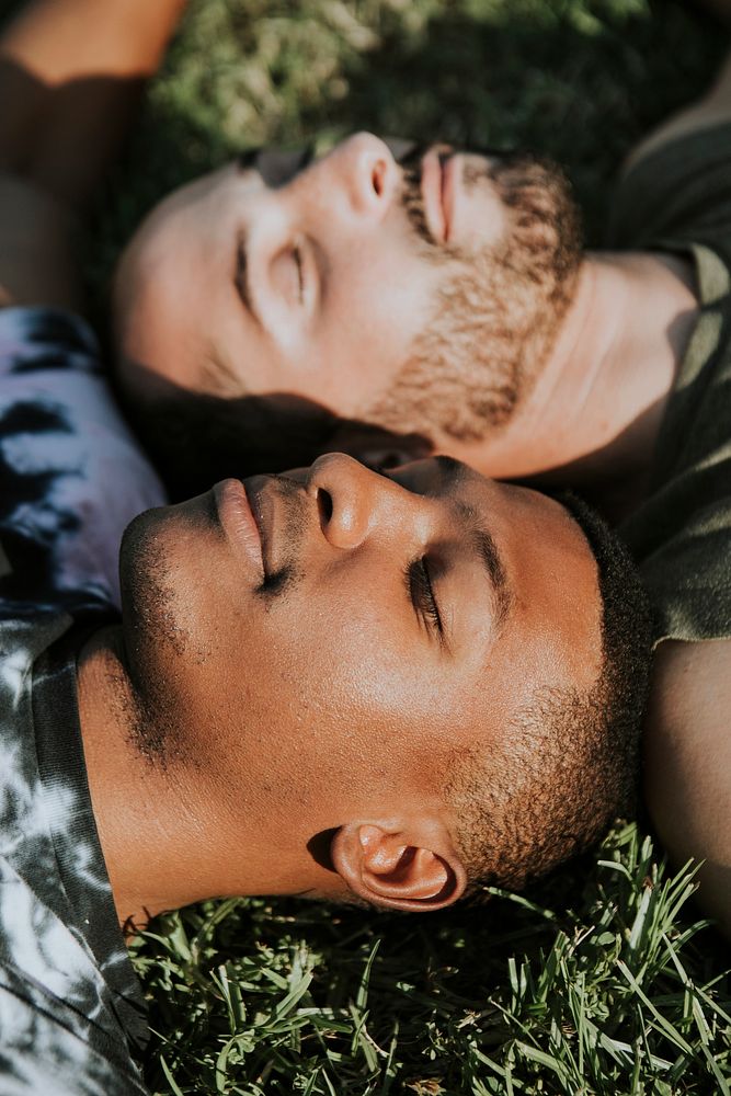 Gay couple relaxing in the grass