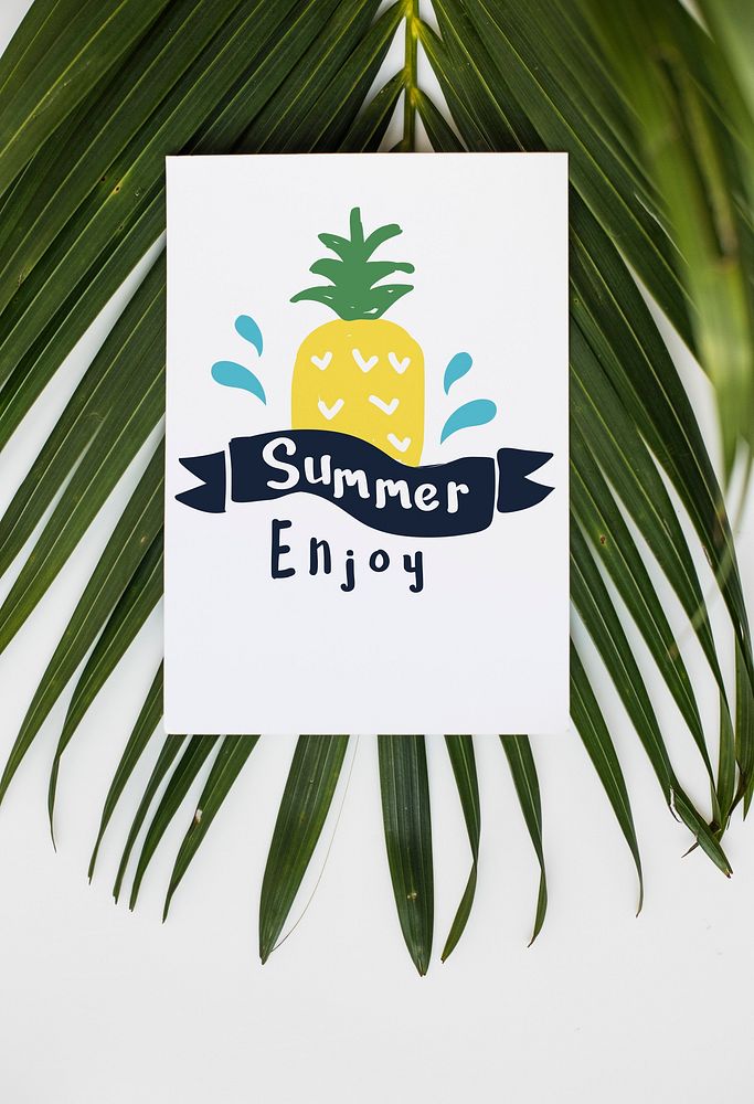 White summer poster with a palm leaf