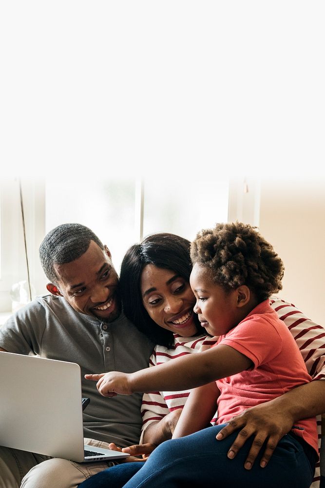 Happy black family and toddler pointing at a laptop screen text space