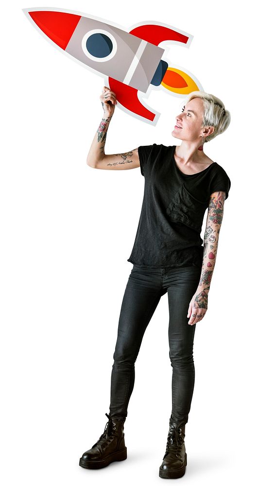 Tattooed woman holding rocketship icon
