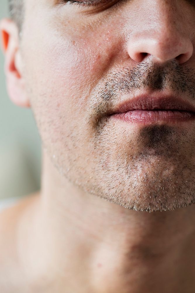 Portrait of white man closeup on mouth