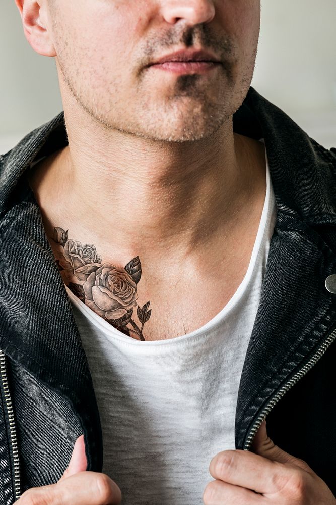 Close up of tattoo on the chest of a man