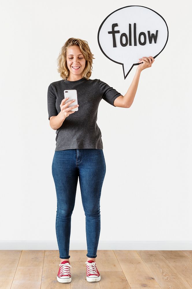Woman using smartphone and holding follow icon