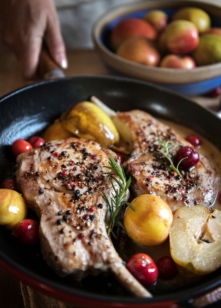 Pork chop cooked with apples food photography recipe idea