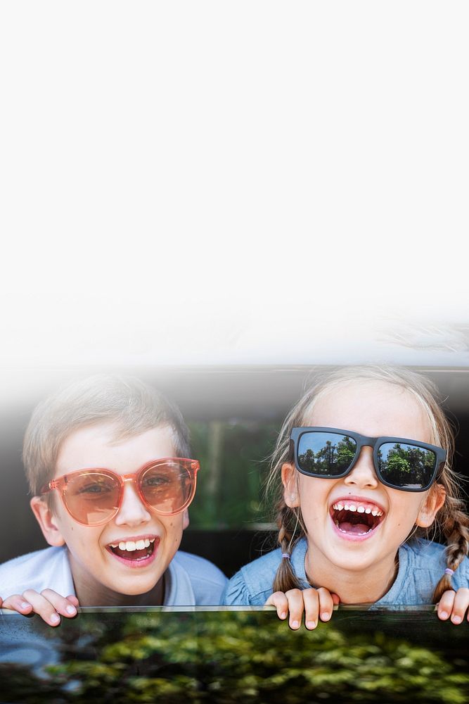 Cute kids with big sunglasses and big smiles text space 