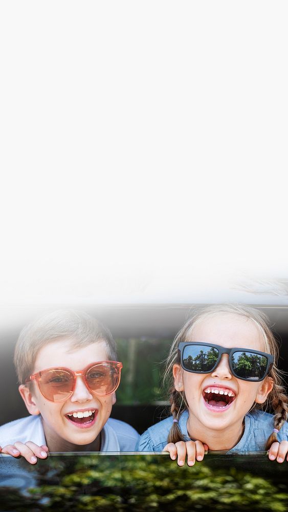 Cute kids with big sunglasses and big smiles blank space 