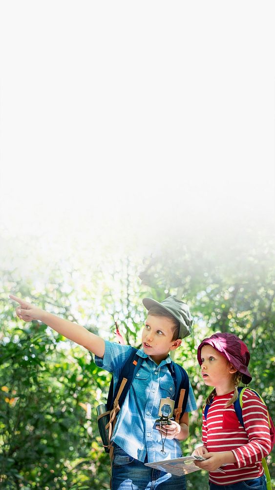 Two cute kids trekking in the forest blank space 