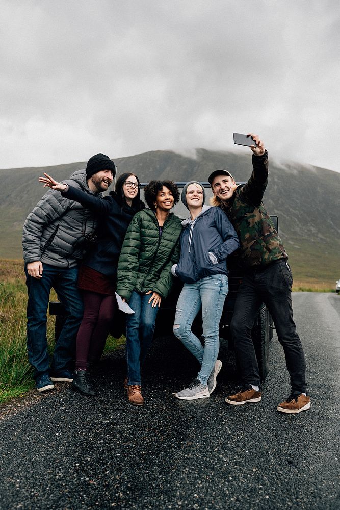 Group of friends taking a selfie at Glen Etive, Scotland