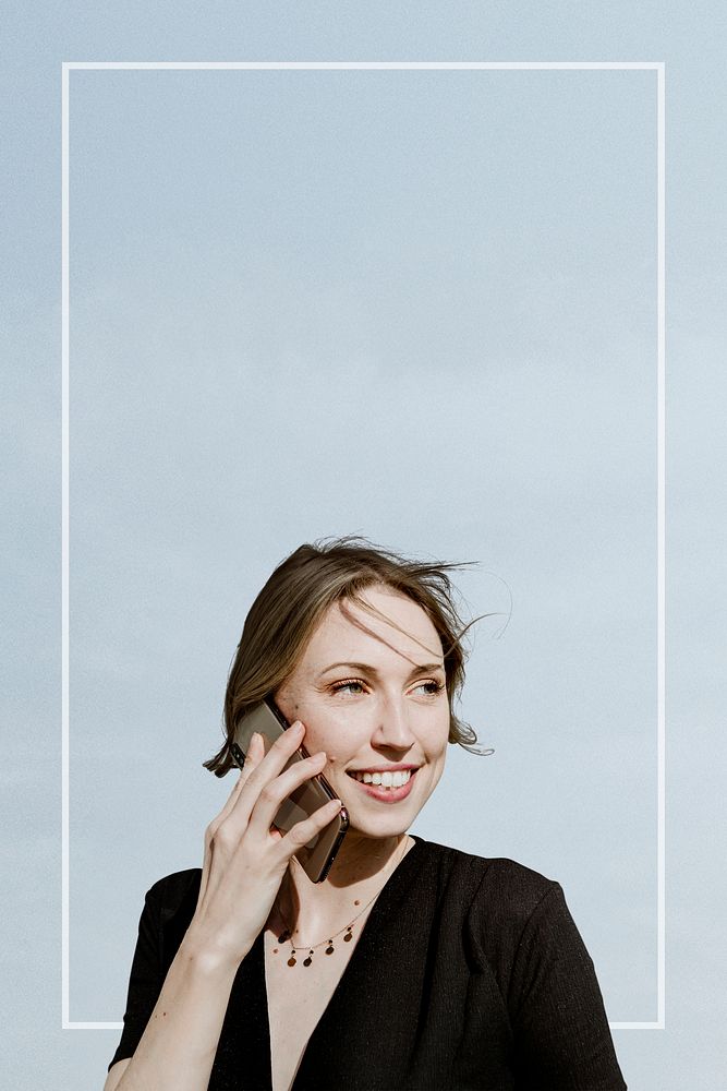 Frame with a woman talking on a phone mockup