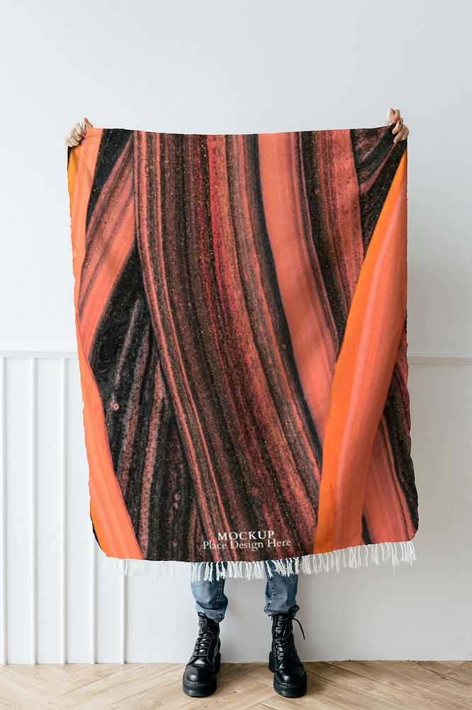 Marble throw blanket mockup psd in black and orange handmade experimental art