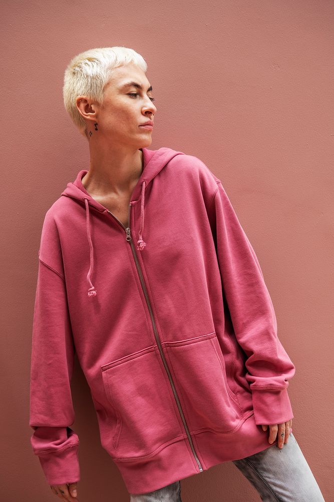 Cool woman in a pink hoodie