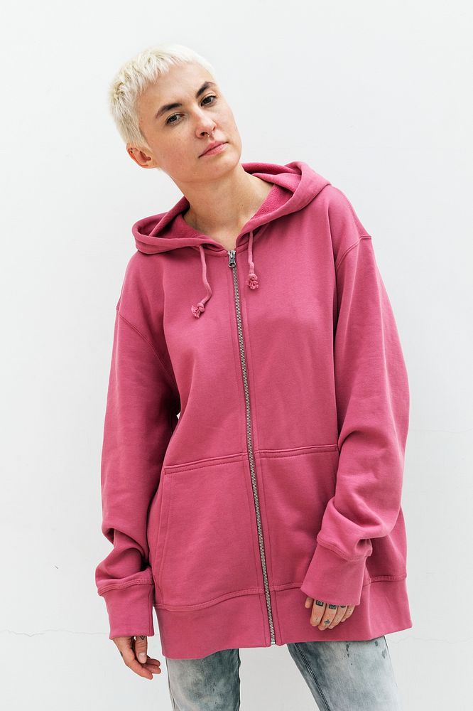 Cool woman in a pink hoodie