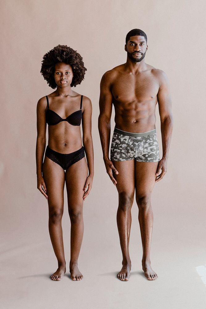Portrait of shirtless black couple standing mockup