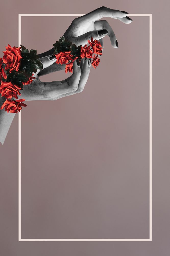 Two hands in grayscale with flowers on brown background mockup