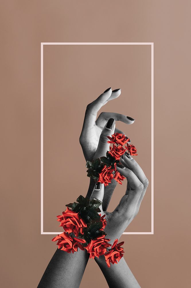 Two hands in grayscale with flowers on brown background mockup