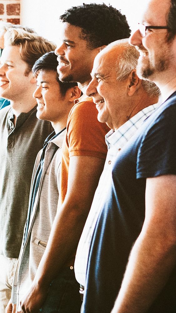 Cheerful diverse men standing in a row mobile background