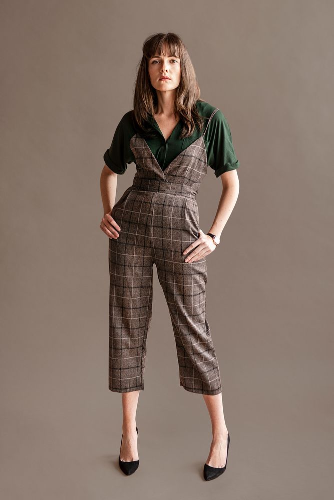 Model in a plaid jumpsuit mockup