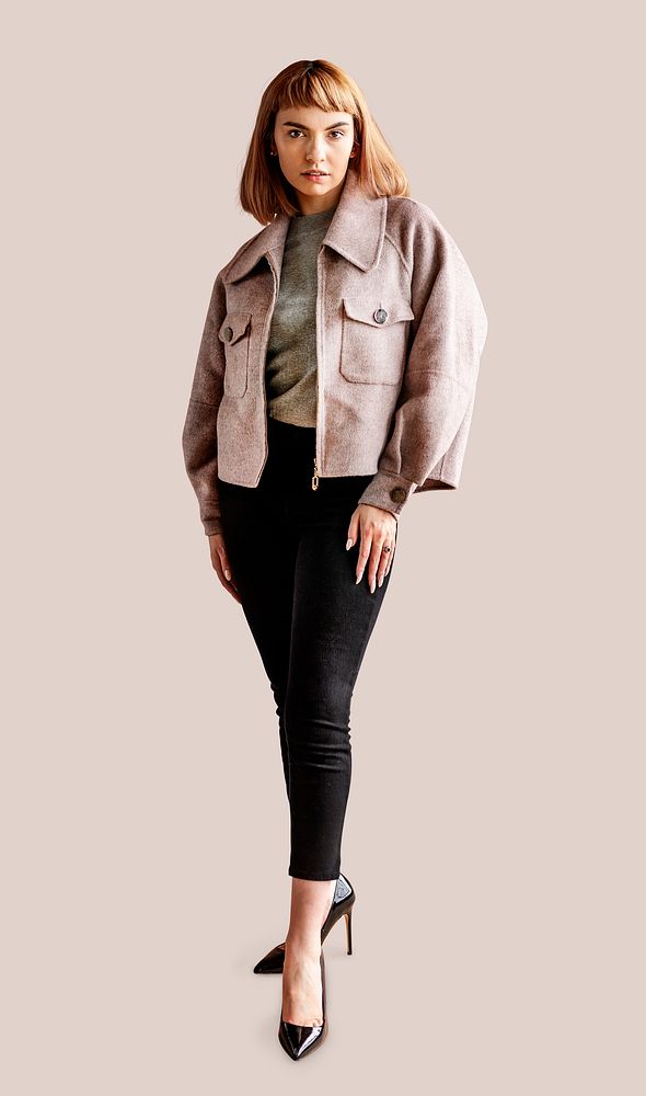 Short brown hair woman in a pink jacket and black pants mockup