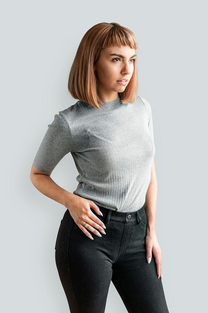 Short brown hair woman in a studio shoot mockup