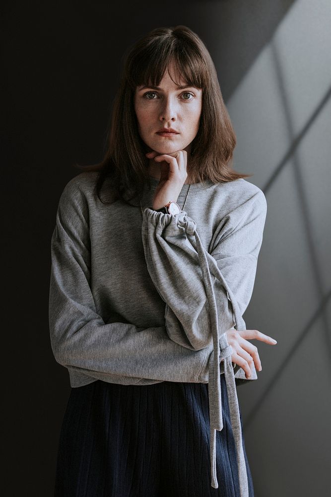 Woman in a gray long sleeve shirt mockup