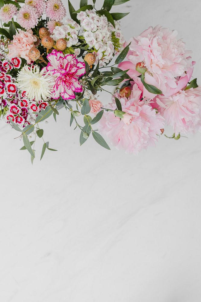 Bouquet of pink flowers on white background