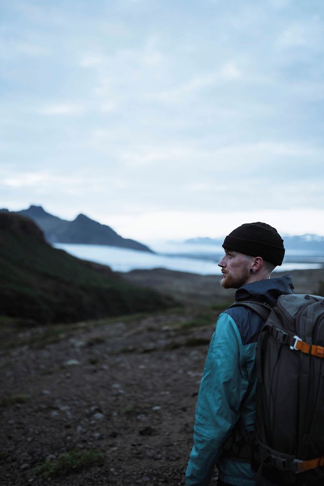 Man hiking at the South Coast of Iceland