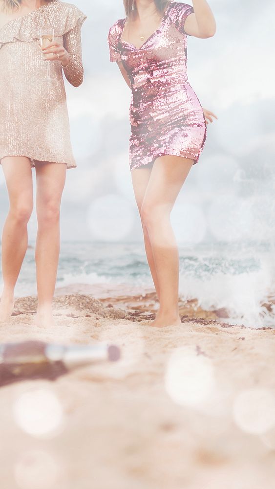 Women with champagne at the beach with bokeh effect mobile phone wallpaper