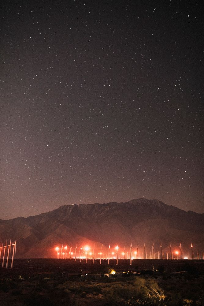 Wind turbines in the Palm Springs desert at night, USA