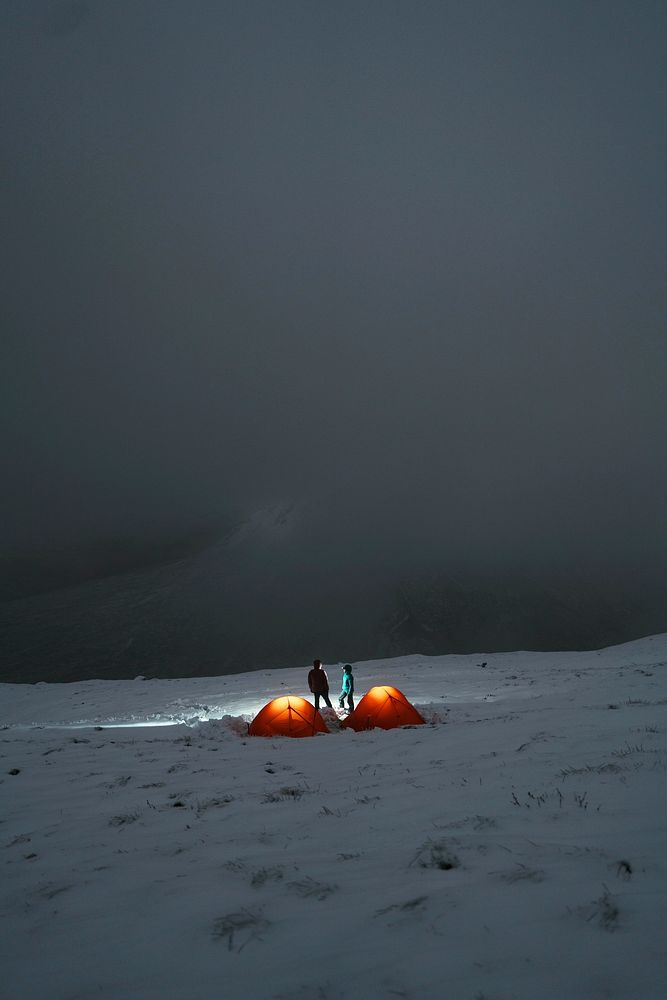 Camping at a misty snowy mountain top