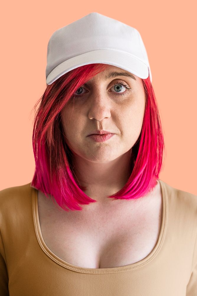 Pink hair woman in white cap mockup