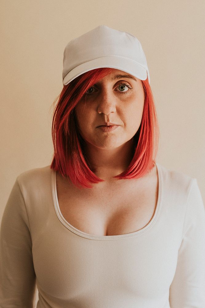 Pink hair woman in white cap mockup